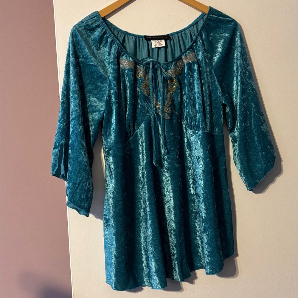 Vintage Y2K New Teal Velvet XL Fairy Peasant Blouse Top Beaded Embroidered - Picture 5 of 17